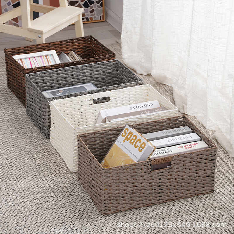Cesta de almacenamiento de escritorio de oficina Cesta de almacenamiento tejida de ratán de imitación Libros y revistas Cesta de almacenamiento de acabado de escritorio Suministro