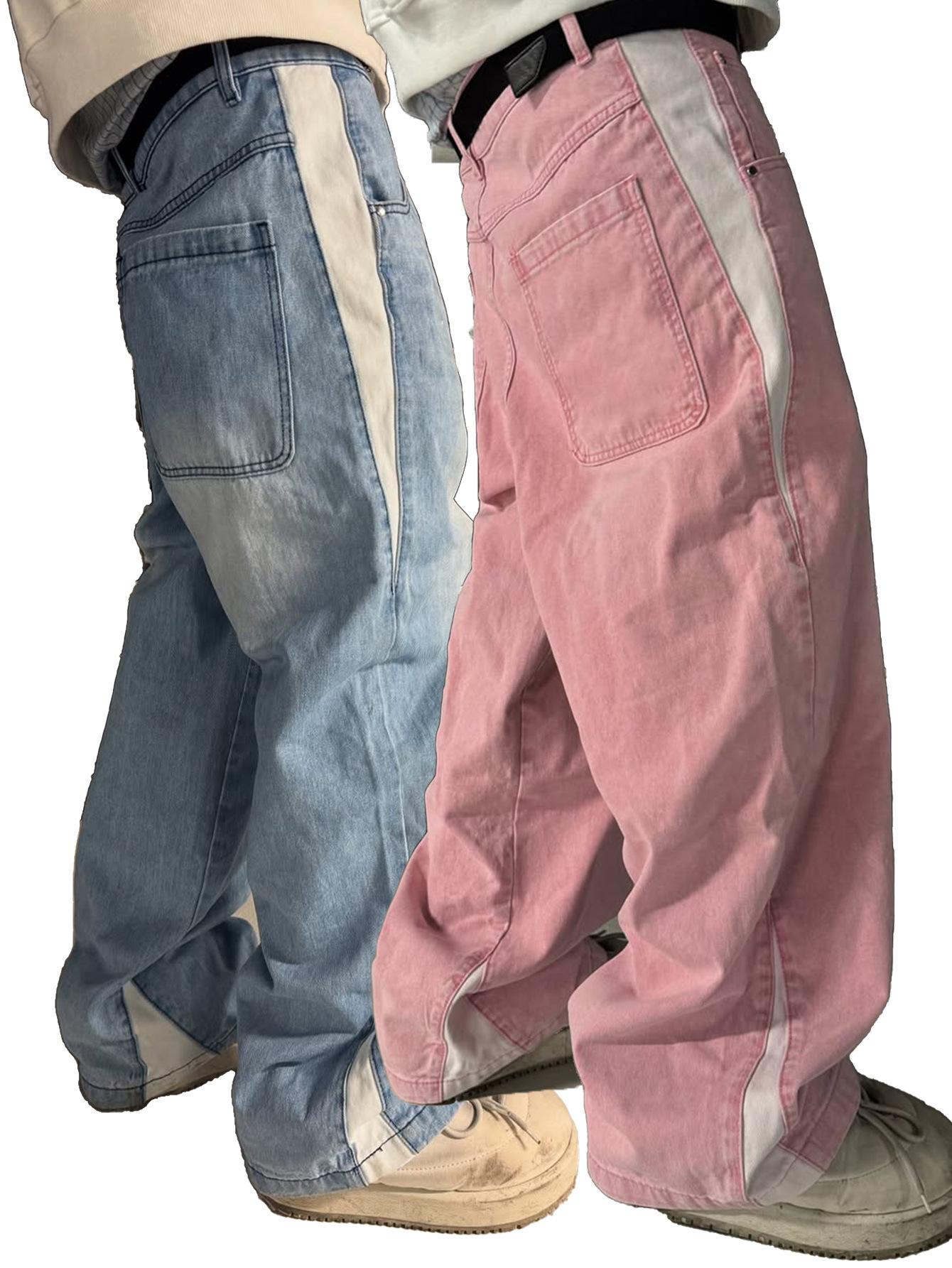 2025 New Splicing Spring and Summer American Trendy High Street Retro Washed Distressed Light Blue Slim Wide Leg Denim Men's Pants