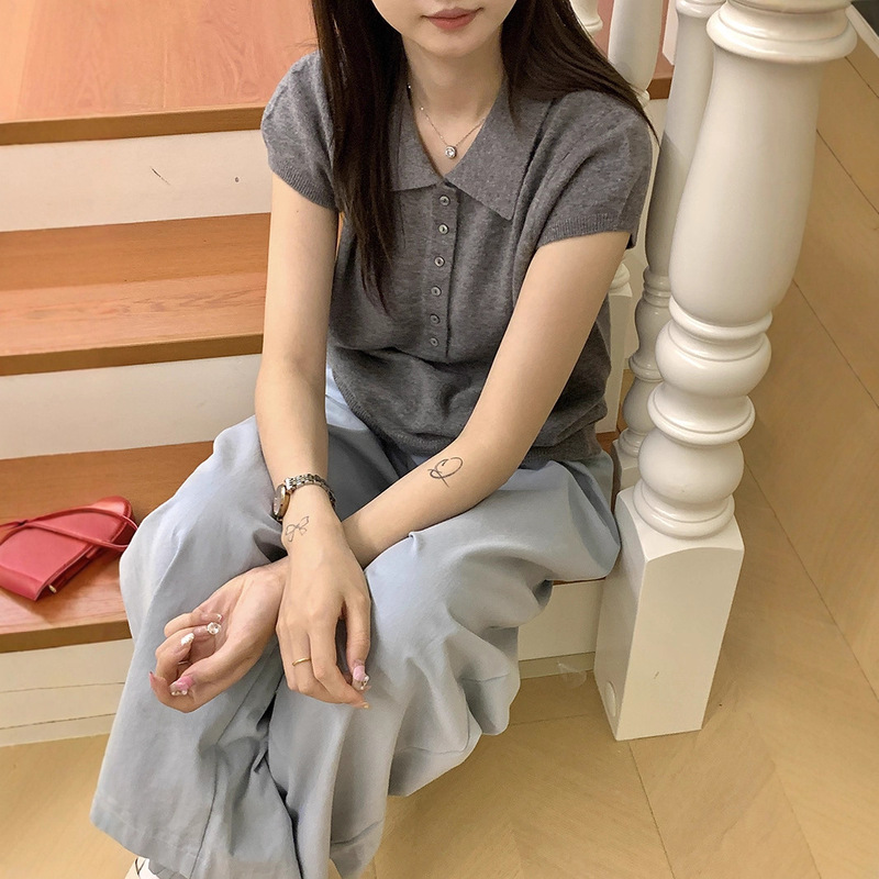 100-Count Yarn! Casual and Comfortable All-Wool Polo Collar Sweater Knitted T-Shirt Women's Autum Pure Color Pullover Top