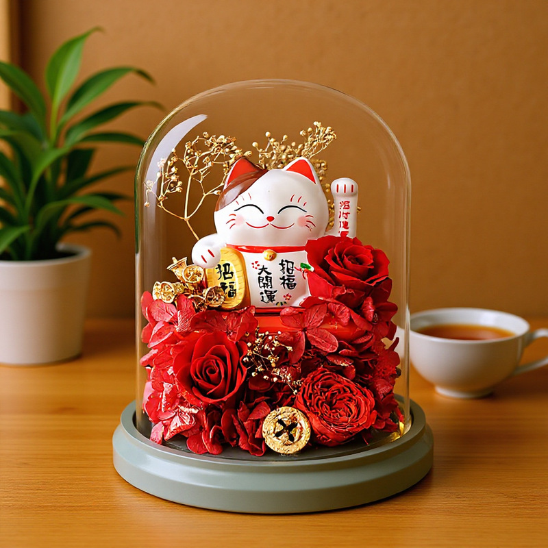 招财猫永生花摆件礼品情人节创意礼物玻璃罩玫瑰花生日礼物送闺蜜|undefined