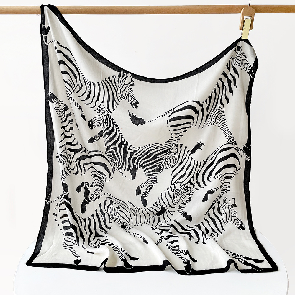 Large 90cm Square Scarf Zebra Print European American Fashion Herringbone Pattern Women's Shawl Retro Headscarf_voghion.com