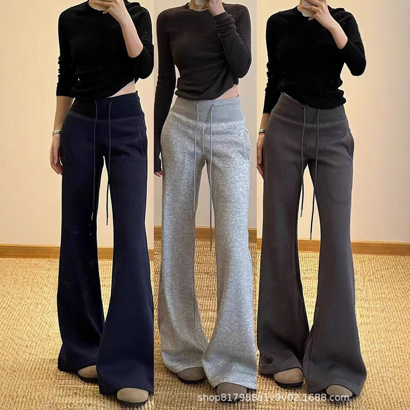 Gray Horn Sweeppants Women's 2025 Early Spring New Low Waist Loose Sports Casual Pants Lace-up Floor Wide Leg Pants
