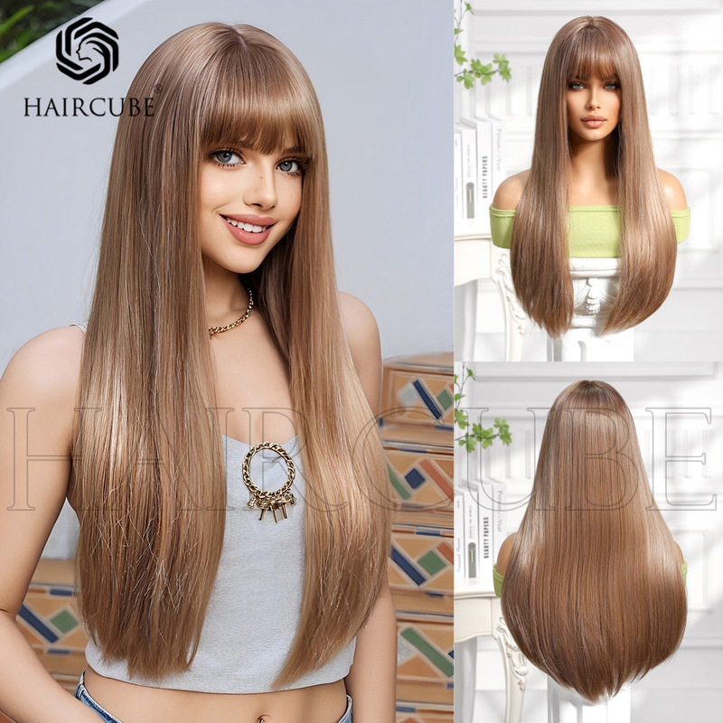 Yun Bui Home Wig Women's Honey Tea Linen Long Hair Women's Group White Hair Color Long Straight Hair 2024 Full Head Cover Type Europe and America