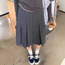 日系灰色条纹百褶裙女夏季复古质感西装半身裙设计感字高腰中裙