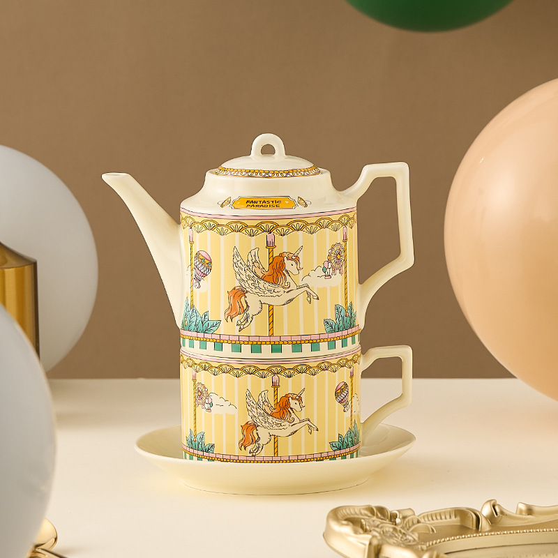 Juego de té de cerámica ins caja de regalo carrusel tetera británica taza y platillo de café dorado de Amazon