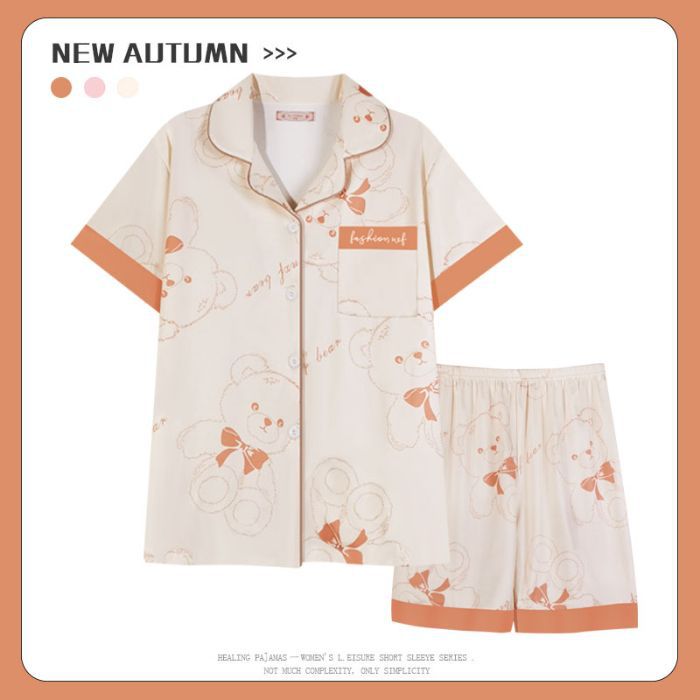 Venta al por mayor transfronteriza 180g pijamas de algodón de imitación mujeres rebeca de verano de manga corta traje de ropa de casa de dibujos animados lindo