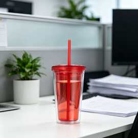 大容量双层透明吸管杯奶茶杯夏季冰杯家用办公杯便携可循环使用