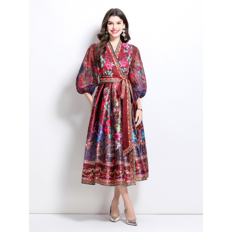 Elegant and Fashionable Cross-Border 2026 Spring New V-Neck Ethnic Style Printed Satin Wrap Long Dress
