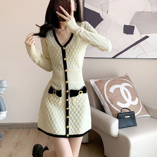 Spring and Autumn New Chanel Style Collar Long-Sleeve Bow Knit Dress with Sensual Waist Cinching Slimming Inner Sweater