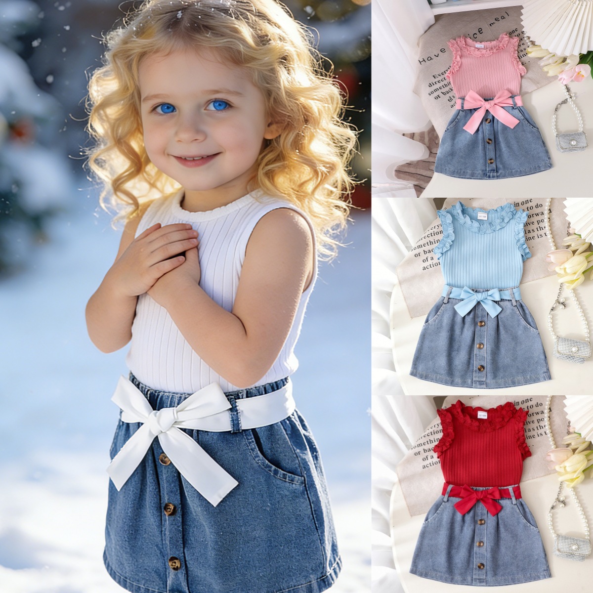 Foreign Trade Cross-Border Summer Girls' Lace Vest Set with Belt, Denim Short Skirt, Ribbed Solid Color Clothing Three-Piece Set