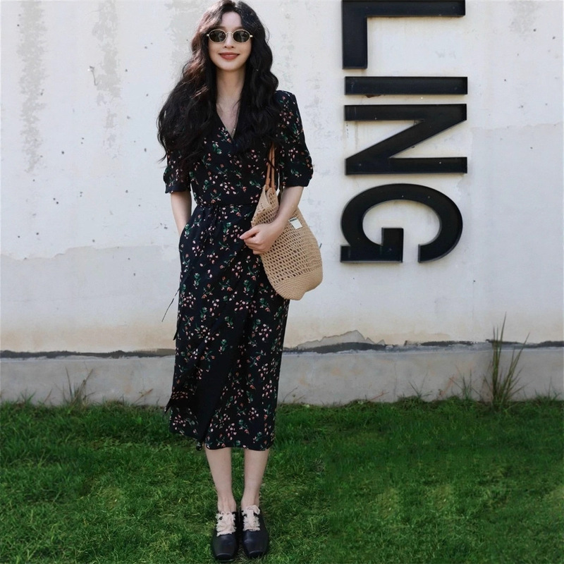 25 Autumn Zhang Li Celebrity Style Gentle Ladylike Floral Three-Quarter Sleeve Tie Daily Date Long Dress