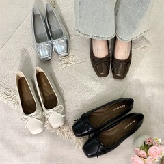 仙女風溫柔鞋女2024年春季新款蝴蝶結方頭平底單鞋銀色淺口豆豆鞋