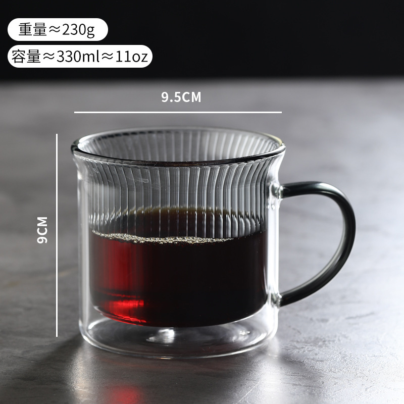 Fabricante al por mayor simple taza de vidrio de doble capa de rayas verticales transparente taza de vidrio resistente a altas temperaturas con mango taza de café de vidrio image 12