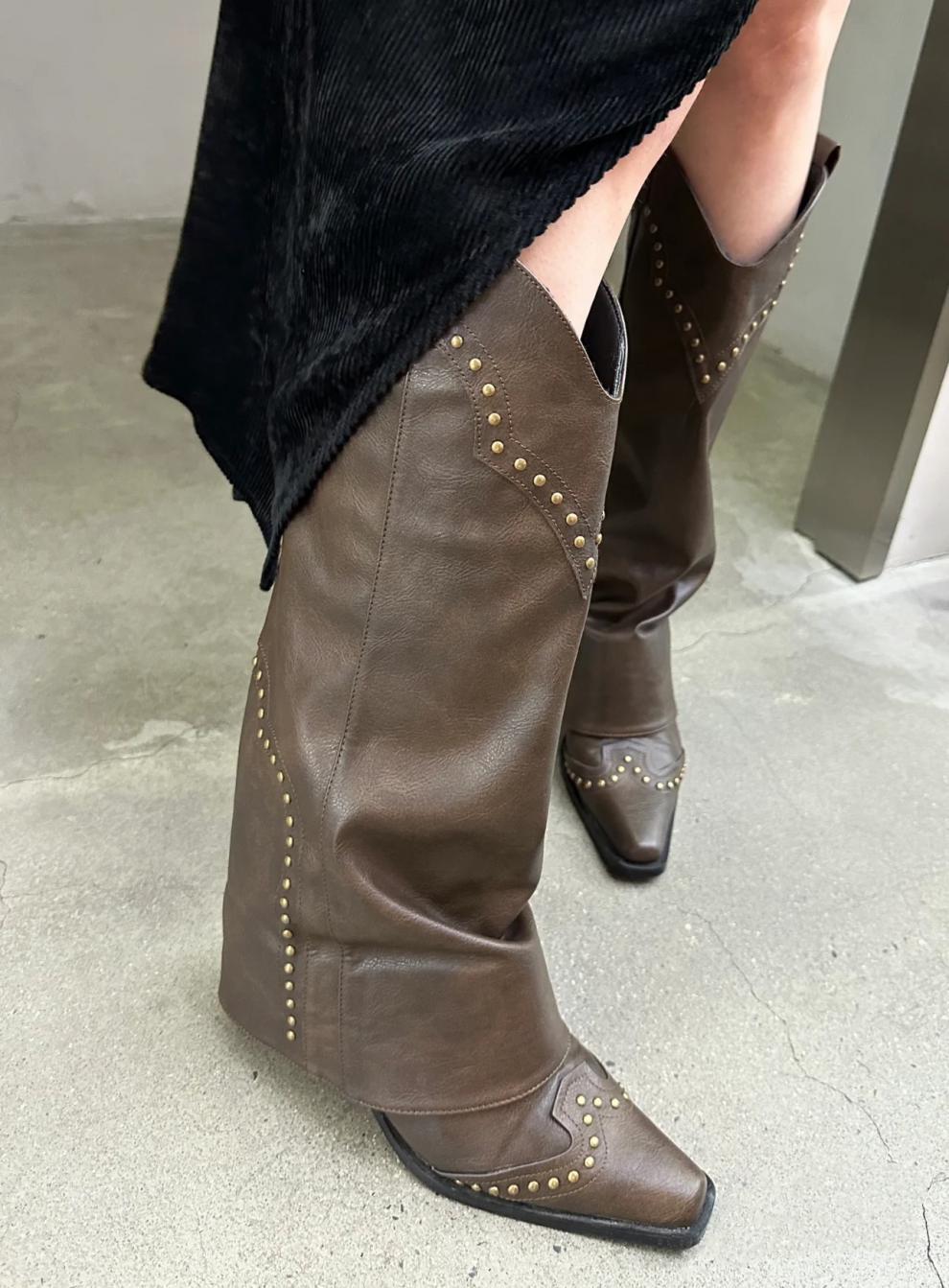 2025 Spring and Autumn Season New Pointed Rivet Trouser Sleeve Show Slim Western Cowboy Boots Thick Heel Side Zipper_voghion.com
