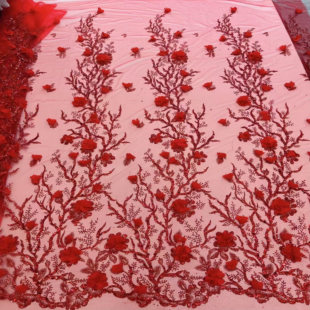 Vestido de novia de tela tridimensional flor lentejuelas posicionamiento bordado encaje europeo y americano malla bordado vestido de tela JX1914