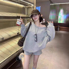 美式重磅纯棉小众斜肩长袖套头卫衣落肩款韩版百搭街头上衣外套