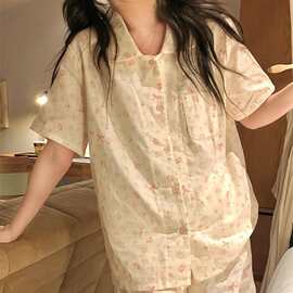 夏日甜美粉色小碎花纯棉家居服少女宽松舒适开衫短袖短裤睡衣套装