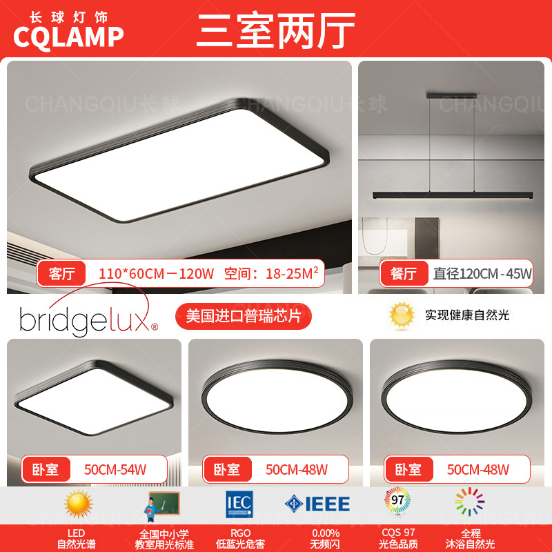 Luz de techo, lámpara de sala de estar, lámpara principal de espectro completo, protección de ojos, lámpara de dormitorio moderna simple sin hendiduras, lámpara negra Zhongshan