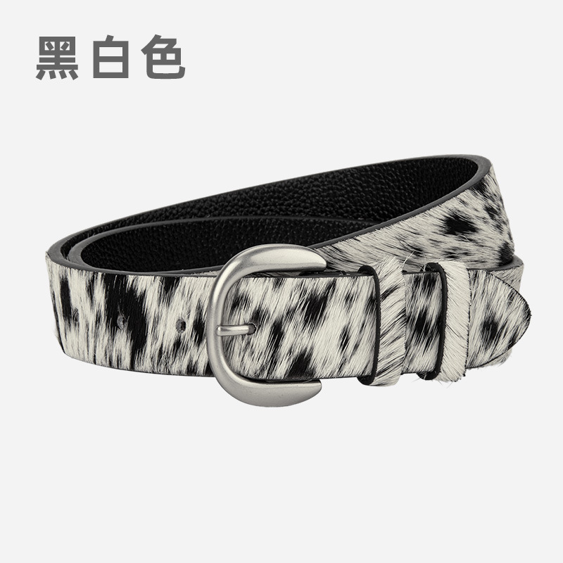 欧美复古高级感真皮腰带女士马毛奶牛纹装饰牛仔裤带合金银扣皮带|undefined