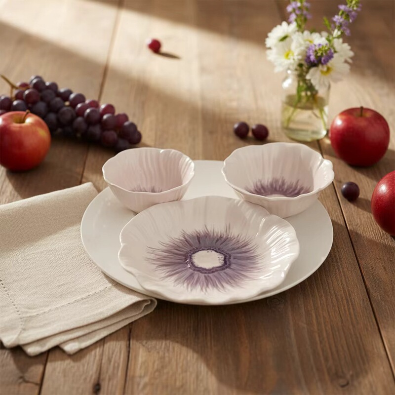 Hengfei Eco-Friendly American-Style Purple Flower Ceramic Dinnerware Set, Porcelain Pottery, Dolomite Plates, Rice Bowls, Poppy Flower Design Hengfei Eco-Friendly American-Style Purple Flower Ceramic Dinnerware Set, Porcelain Pottery, Dolomite Plates, Rice Bowls, Poppy Flower Design