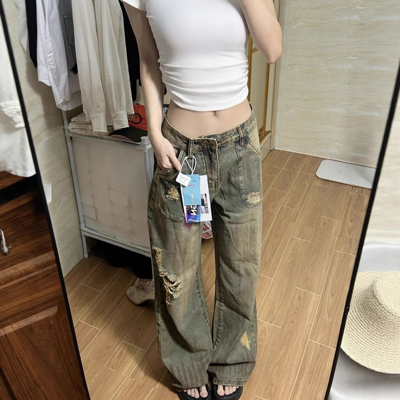 Hot Girl Plus Size Washed Ripped Wide Leg Jeans Women's Blue Summer Small Loose Fat mm Straight Long Pants