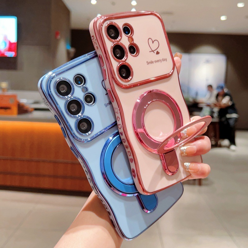 电镀爱心适用三星S25手机壳S24Ultra保护套S23波浪大视窗S22支架|undefined