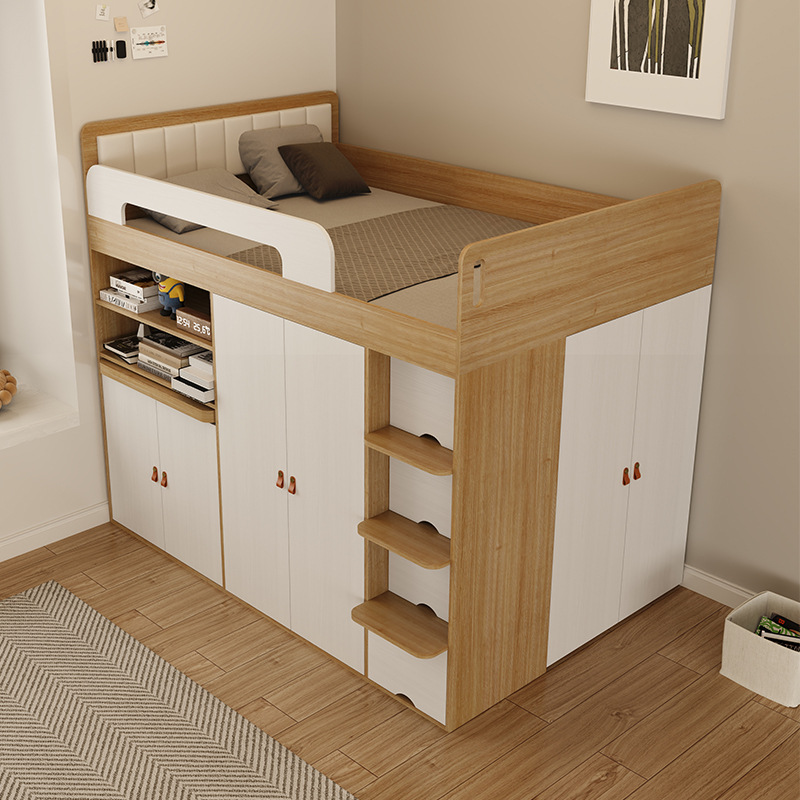 Small Apartment Half-Height Bed with Under-Bed Cabinet and Guardrail Children's Bed 1.2m Elevated Box Wardrobe Bed with Integrated Sliding Desk