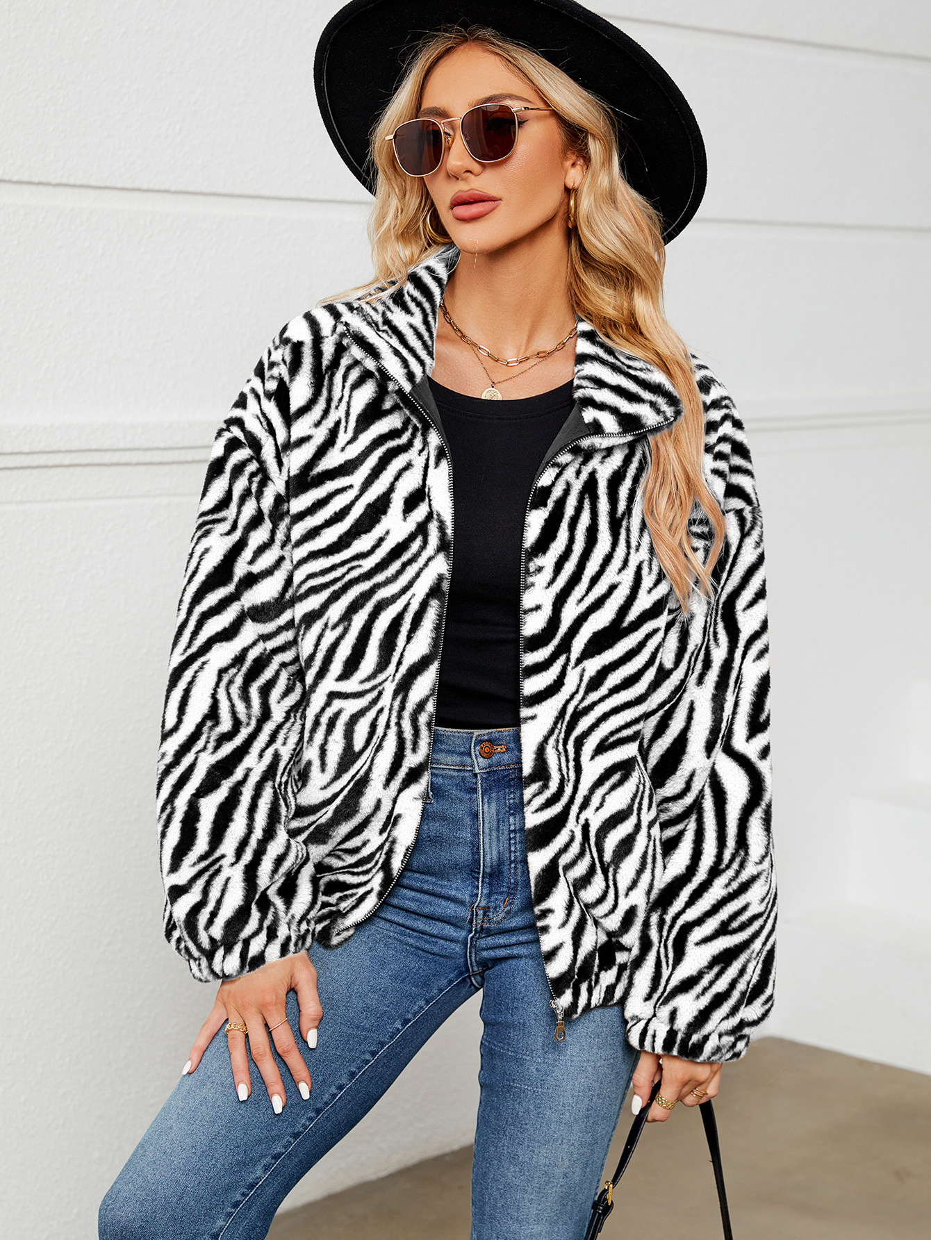 Women's zebra-patterned plush stand-up collar zipper coat imitation fur coat_voghion.com