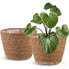 跨境桌面杂物收纳篮筐摆件笔筒手工编织手工草编花桶花器花盆套