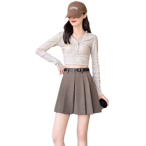 Women's 2025 Spring and Summer New Belt High Waist Pleated Skirt Slim Box Skirt A-line Small Large Size Skirt
