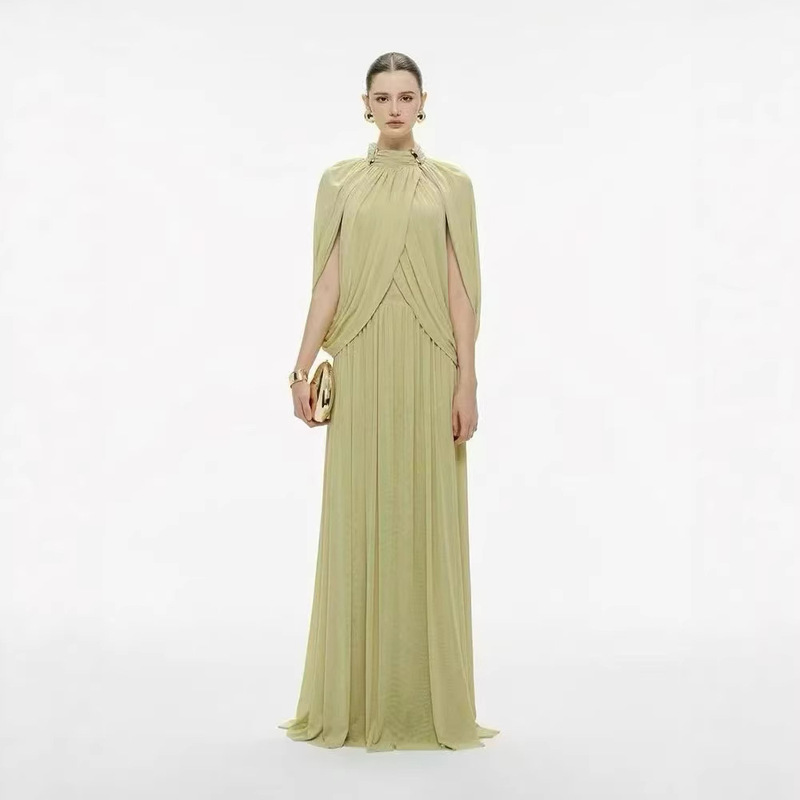 European and American Foreign Trade Cross-Border 2026 Summer New Style Stand Collar Elegant Solid Color Pleated Cross-Over Flutter Sleeve Long Dress