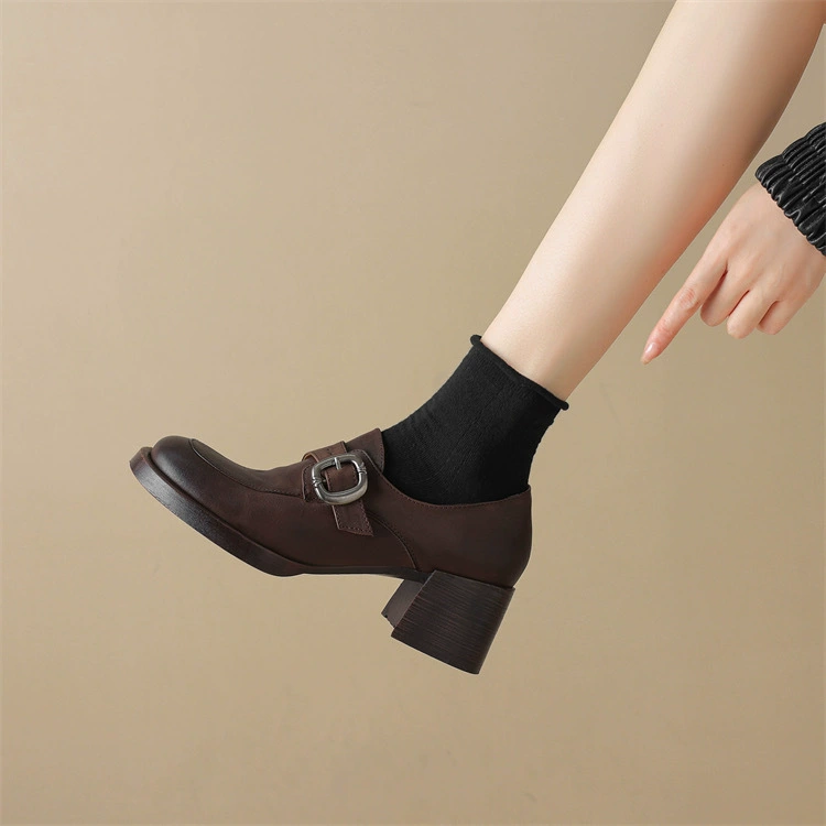 Английский стиль ретро металлическая пряжка кожаная пряжка маленькая кожаная обувь женская толстая пятка с круглой головкой на высоком каблуке Lefu обувь мягкая кожаная одиночная обувь
