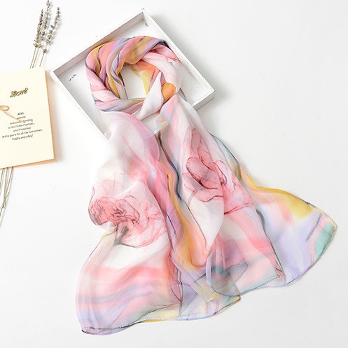 Spring and Summer Lightweight Dance Decorative Small Silk Scarf for Women, Chiffon Printed Narrow Scarf, Neck Wrap, Soft Gauze Printed Beach Scarf, Trendy