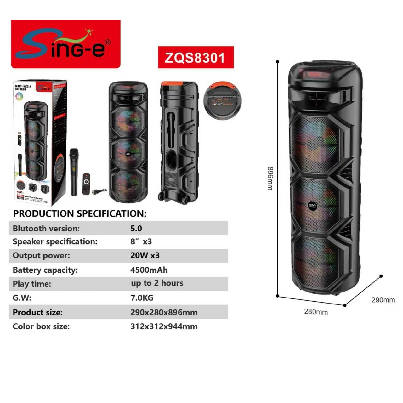 Parlante Bluetooth Portátil ZQS8301/ZQS8302 8*3 Pulgadas de Plástico con Entrada de Tarjeta para Karaoke