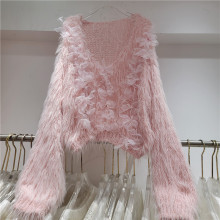 仙女风立体花朵马海毛软糯针织衫女宽松短款上衣粉色甜美套头毛衣