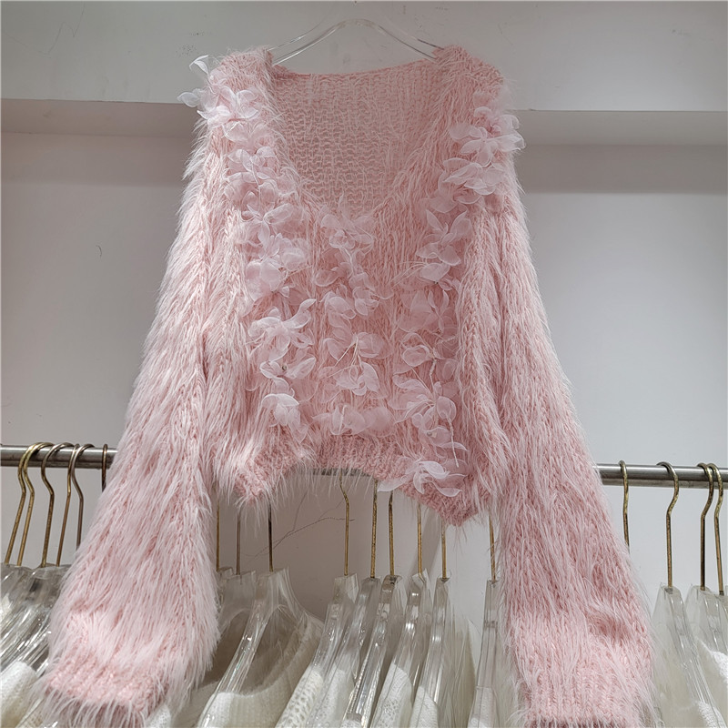 仙女风立体花朵马海毛软糯针织衫女宽松短款上衣粉色甜美套头毛衣