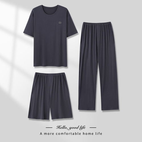 Men's pajamas thin spring and summer modal short-sleeved trousers three-piece casual loose large size home wear set