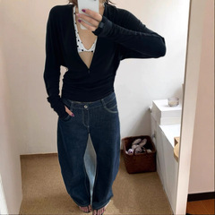 新款百搭休闲天丝羊毛显瘦V领隐拉蝙蝠袖针织上衣长袖女式T恤5327