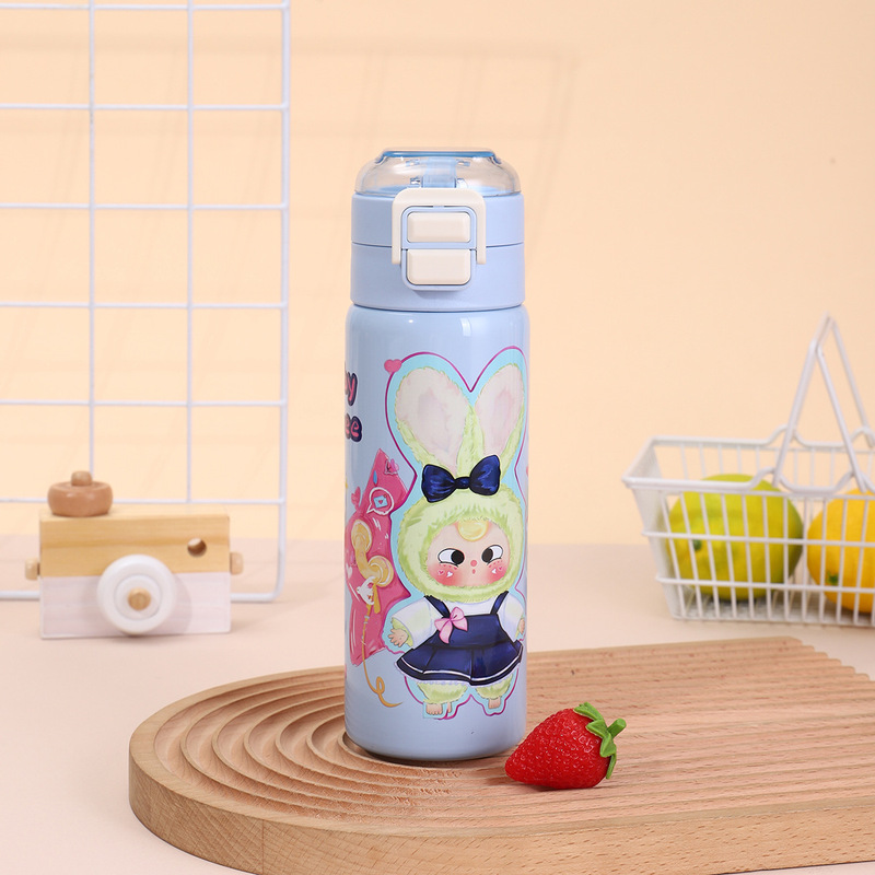 人気の漫画 Labubu ストローダブルドリンクカップバウンスポータブル子供用魔法瓶カップ屋外付属スポーツウォーターカップ|undefined