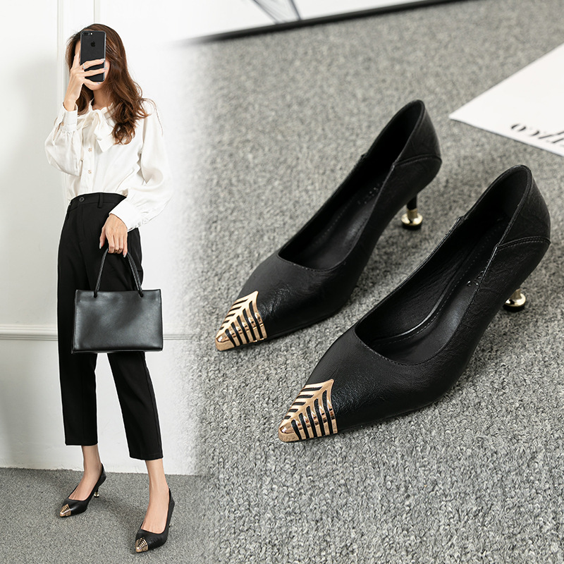 高跟鞋女2021新款春秋尖頭細根中跟百搭金屬防踢職業黑色工作單鞋