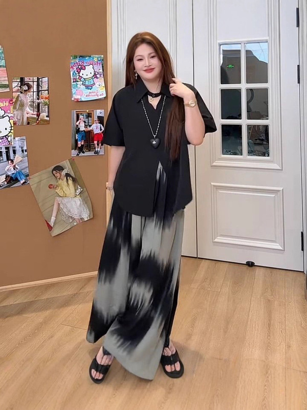 韩系设计感短袖衬衫+晕染裤裙两件套女大码新款休闲宽松时尚套装|undefined