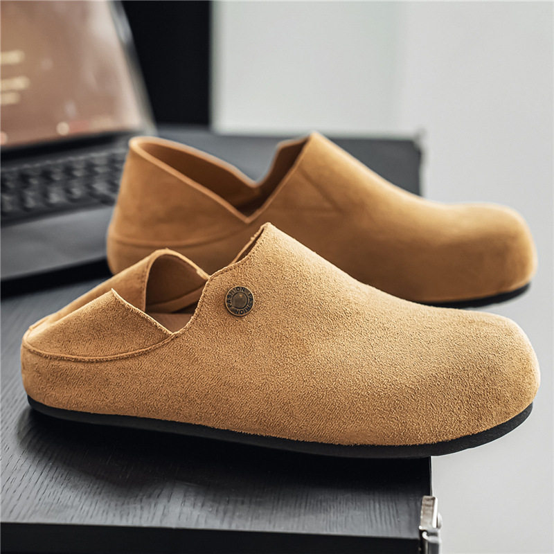 Giày lười nam bít mũi da lộn kiểu mule mũi tròn, gót vừa 3–5 cm, hai kiểu mang có thể kéo gót — Y6761 màu be, Y6761 màu kaki, Y6761 màu nâu cà phê