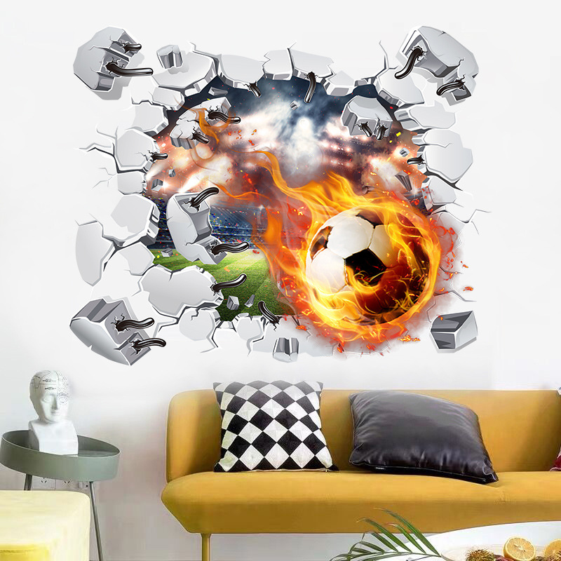 3D火焰足球破墙装饰墙贴儿童房卡通床头卧室碎片海报贴纸防水贴画
