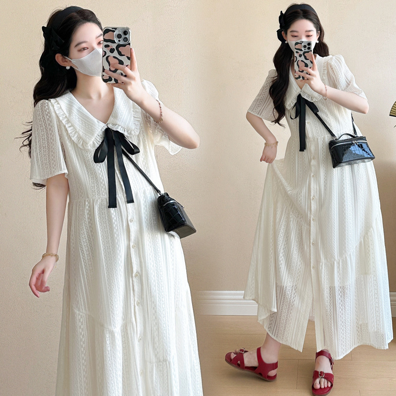 Super Nice White Doll Collar Dress Summer College Style Age-Reducing Loose Slimming Maternity Wear French Long Skirt