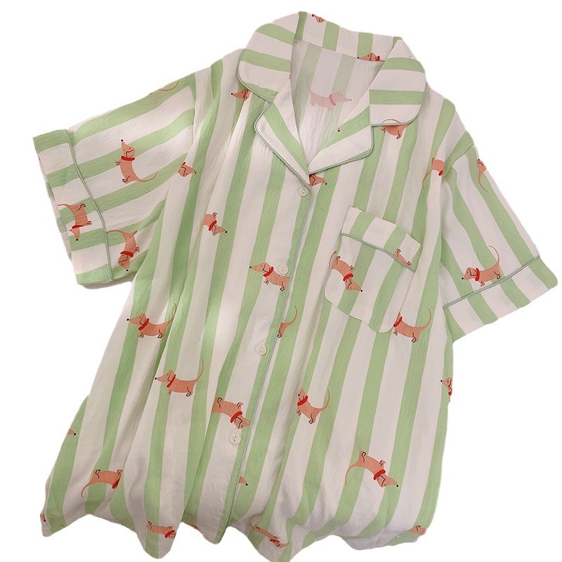 Nube de algodón pijama de mujer nuevo verano verde rayas perros dulces ociosos ropa de casa de estudiantes de tres piezas para vestir