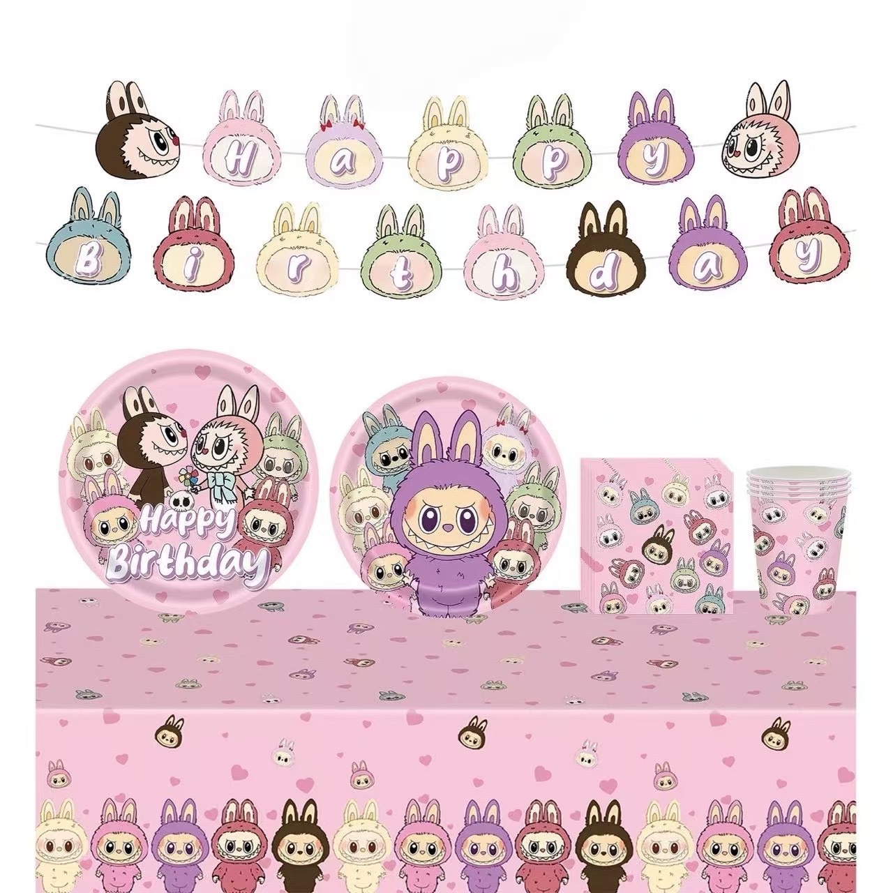 New cute pink Labubu children's cartoon birthday party decoration supplies tableware set with knife, fork, and spoon