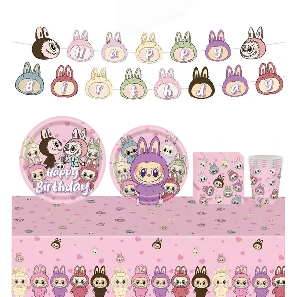 New cute pink Labubu children's cartoon birthday party decoration supplies tableware set with knife, fork, and spoon