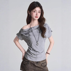アメリカンホットガール甘くてクールなスタイルの女性用半袖Tシャツ夏の新しいスタイルの女性用プリーツスリムフィットトップ卸売