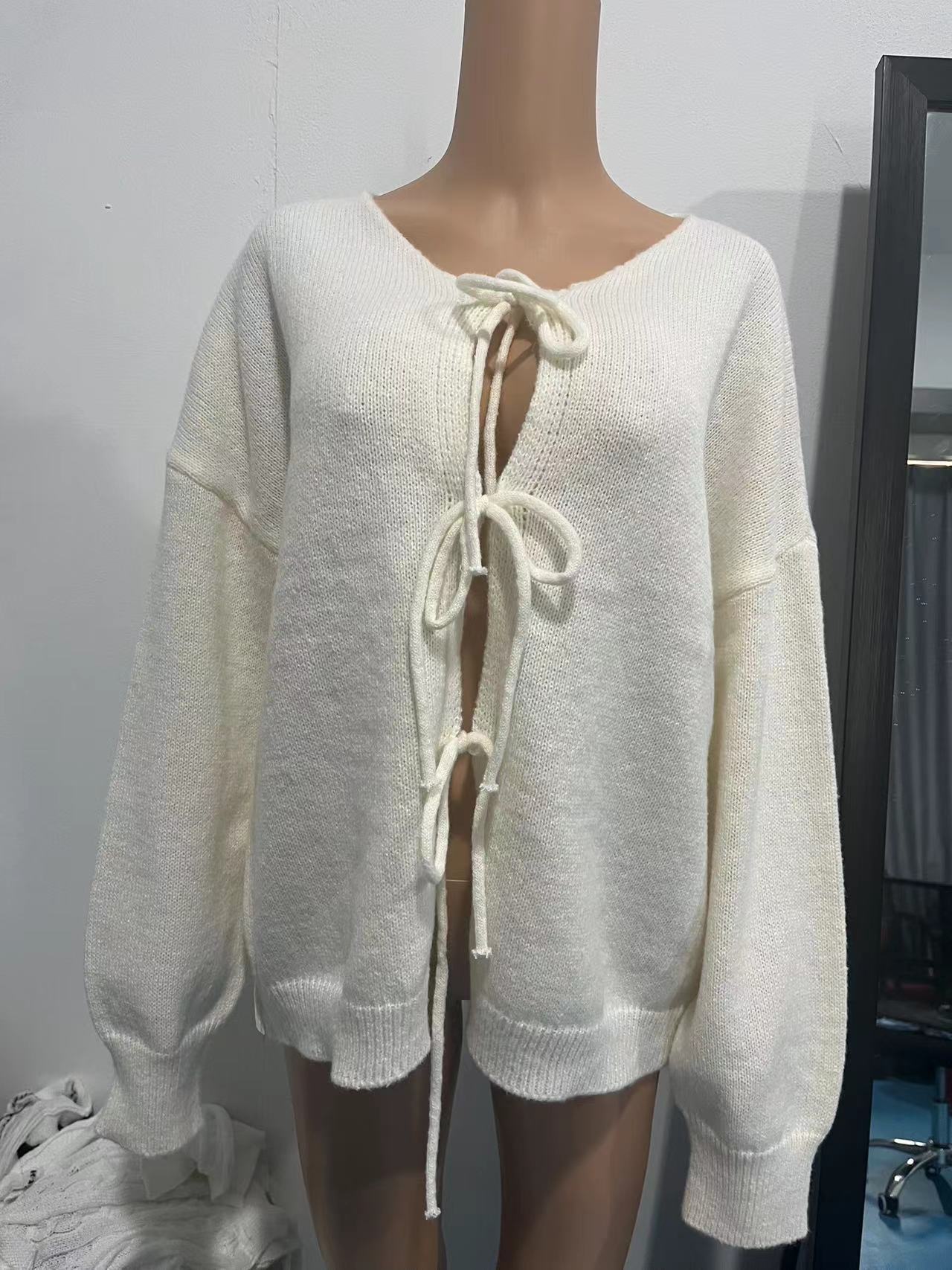 491g Weight Long Sleeve Sleeve Length Tie Placket Type Polyester Fabric Type Regular Top Length Cardigan, Sweater Tops Type Daily Occasion U Neck Neckline Loose Fit Type Solid Color Pattern Spring, Autumn Season Women's Gender Casual, Elegant Style Wholesale Women's Casual Elegant Solid Color Long Sleeve Sweaters & Cardigans 14
