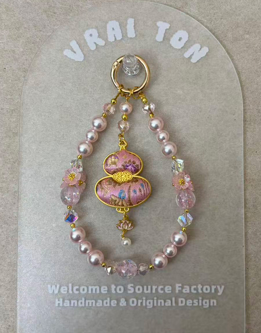 手工diy高端手机挂绳新年双面宋锦葫芦挂件水晶串珠带手机垫片